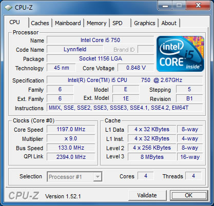 CPU-ZにてCore i5-750の情報を取得したところ。EIST有効時の最低クロックはx9倍の1.2GHzとなり，Core i7-900シリーズの1.6GHzよりも低くなっている