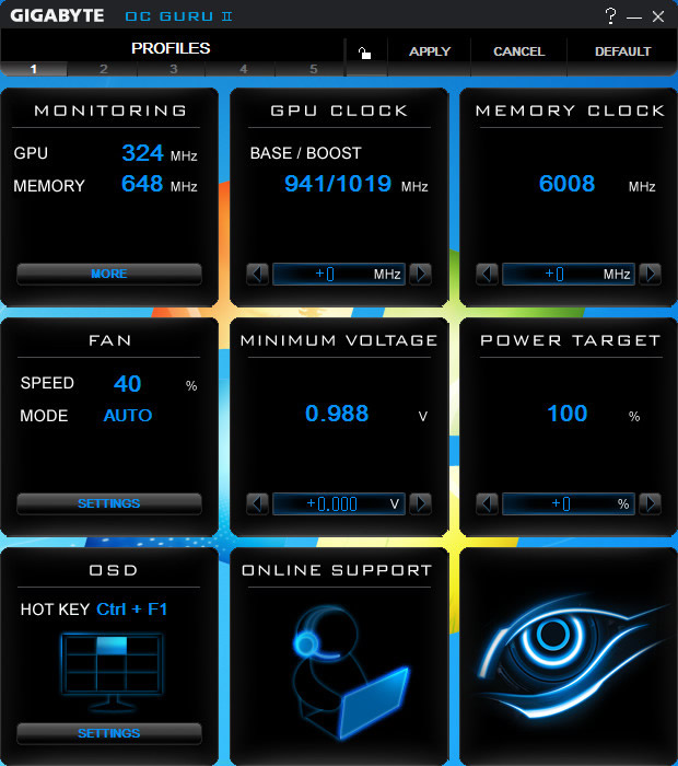 GIGABYTEのチューニングツール「OC GURU II」。ベースやメモリクロック、ファン回転数などの調節、モニタ機能を備えている