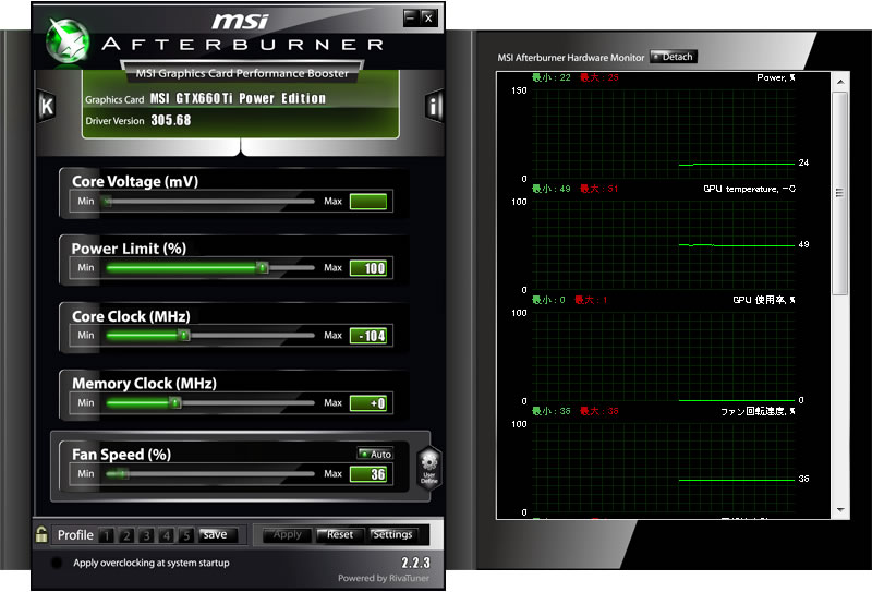 MSIの定番オーバークロックユーティリティ「Afterburner 2.2.3」でクロックをリファレンススペックに調整する