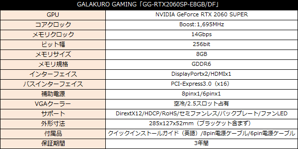 GALAKURO GAMING「GG-RTX2060SP-E8GB/DF」ベンチマークテスト