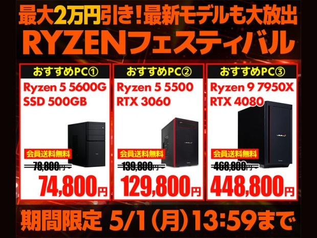 パソコン工房通販、Ryzen9 7950XなどRyzen搭載PCが最大2万円引きとなるキャンペーン実施