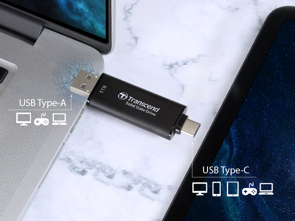USB Type-A/Cデュアルコネクタ搭載のスティック型ポータブルSSD、トランセンド「ESD310C」