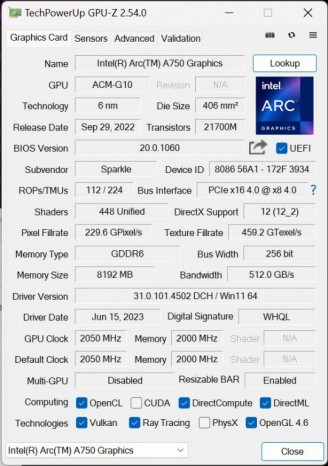 SPARKLE Intel Arc A750 TITAN OC Edition